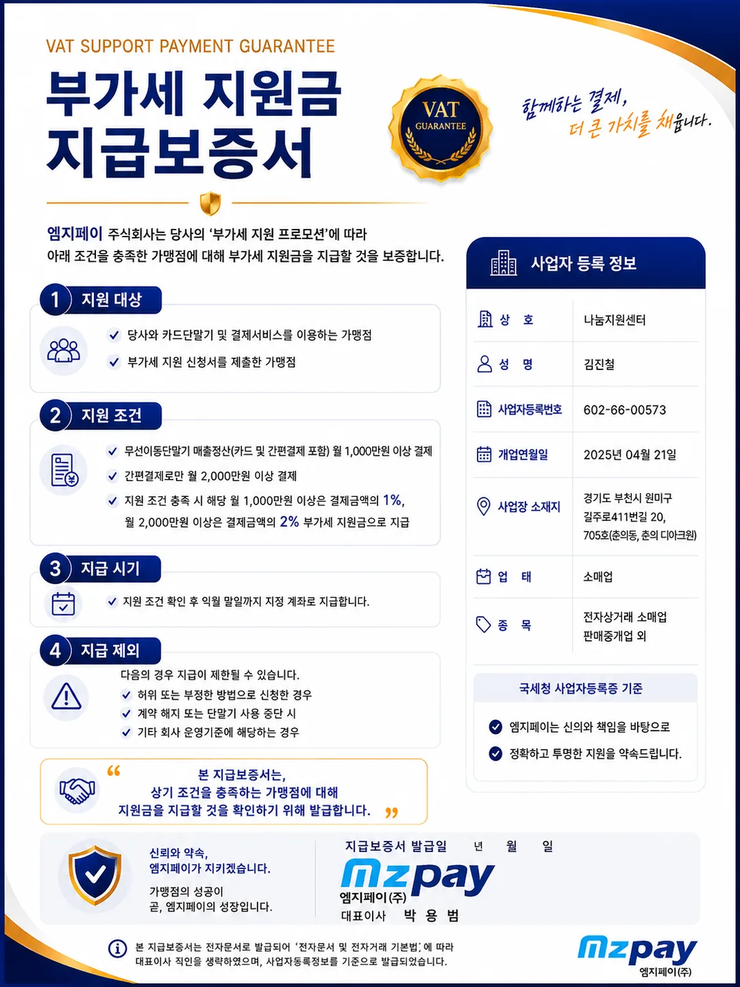 엠지페이 주식회사 부가세 지원금 지급보증서 — 지원 대상, 지원 조건, 지급 시기, 지급 제외 안내